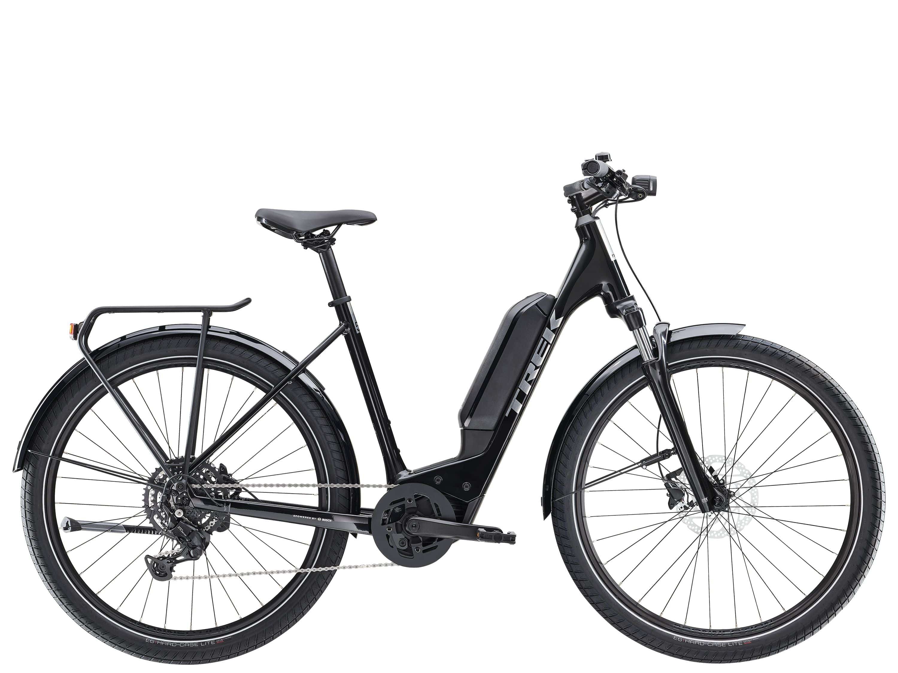 Trek Allant+ 5 Lowstep electric hybrid bike with step-through frame, pedal assist, suited for urban and recreational riding.