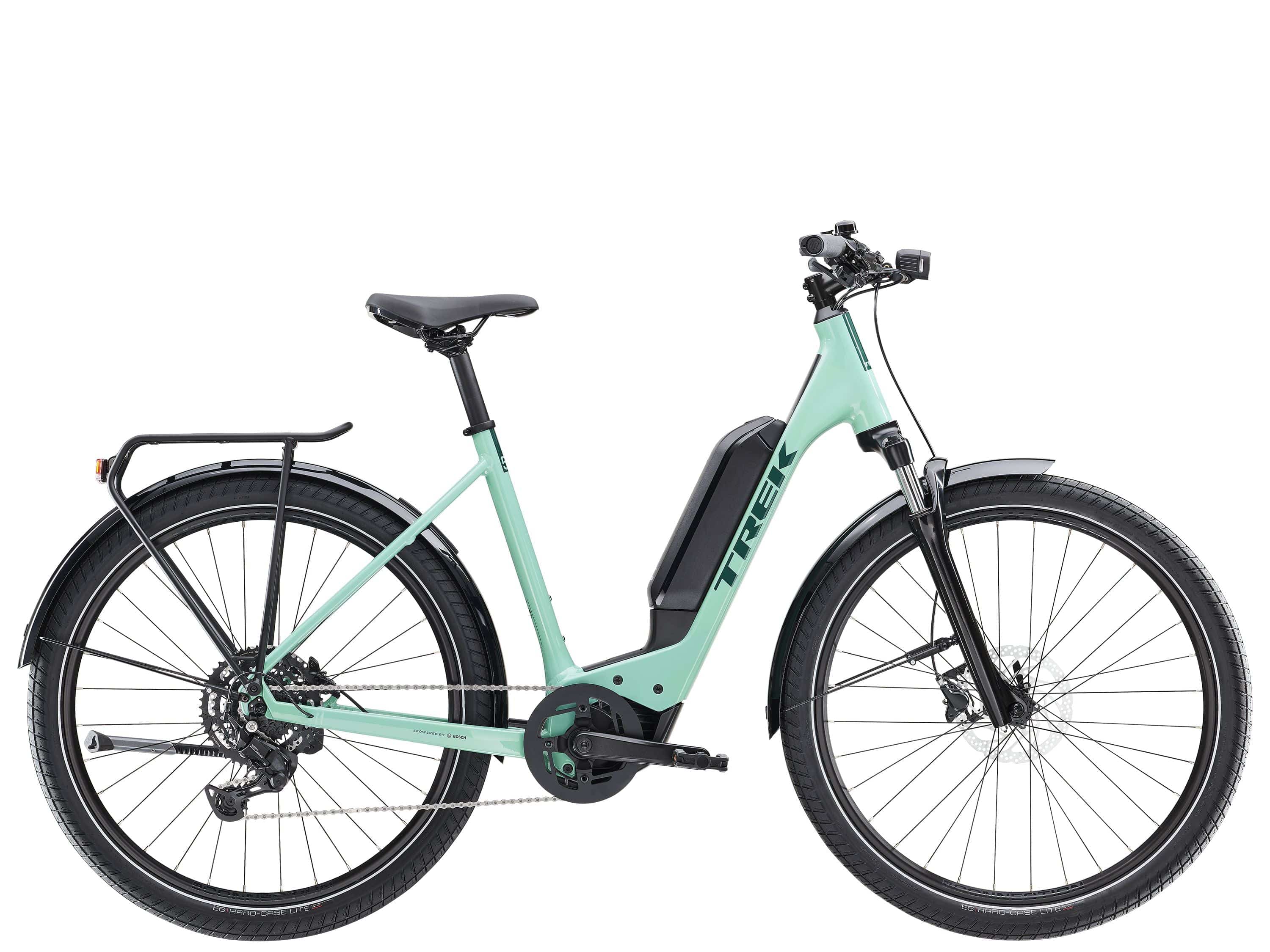 Trek Allant+ 5 Lowstep electric hybrid bike with step-through frame, comfortable seat, and pedal assist for urban riding.