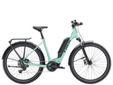 Trek Allant+ 5 Lowstep electric hybrid bike with step-through frame, comfortable seat, and pedal assist for urban riding.