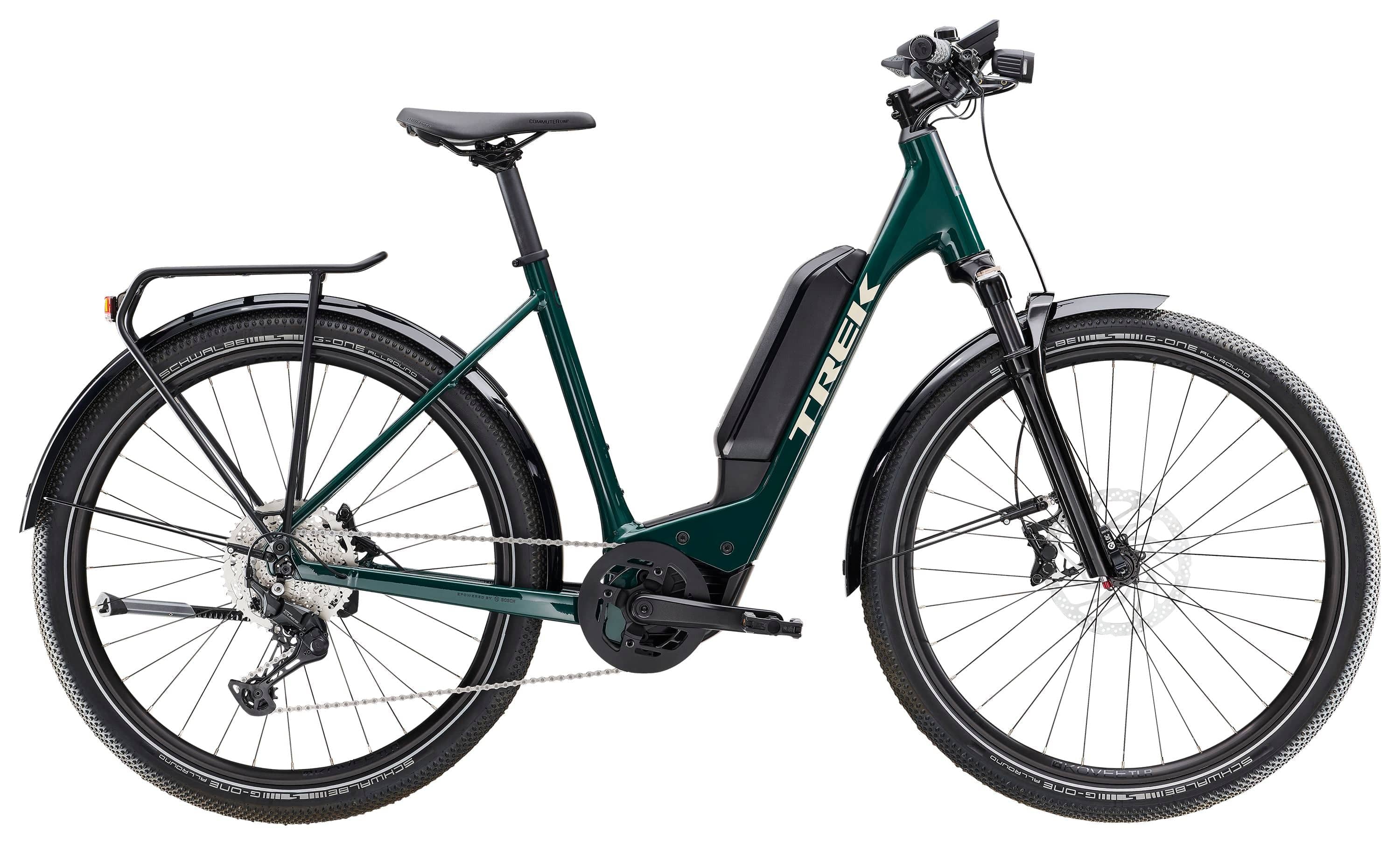 Trek Allant+ 6 Lowstep electric hybrid bike for urban commuting and leisure rides, shown from the front side.