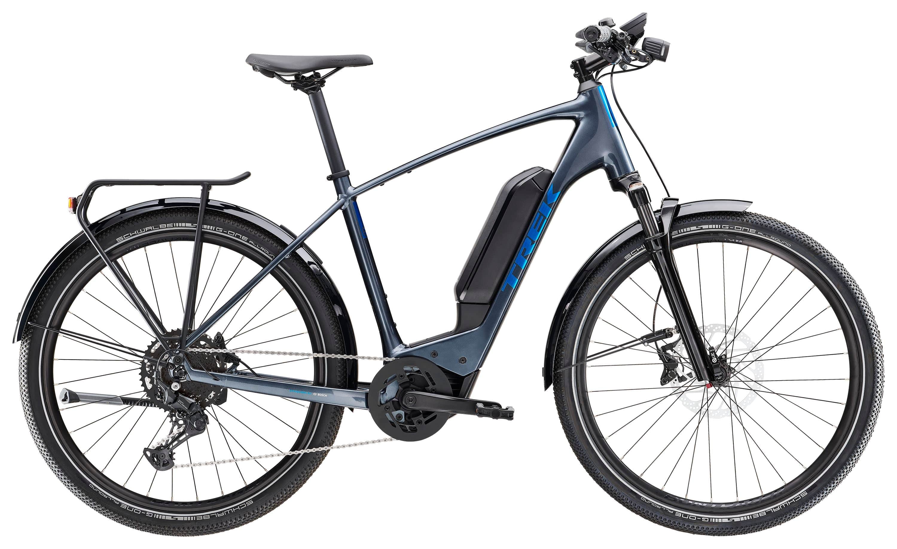 Trek Allant+ 6 electric hybrid commuter bike with pedal assist, shown in a men’s frame, sleek design, and modern handlebars.