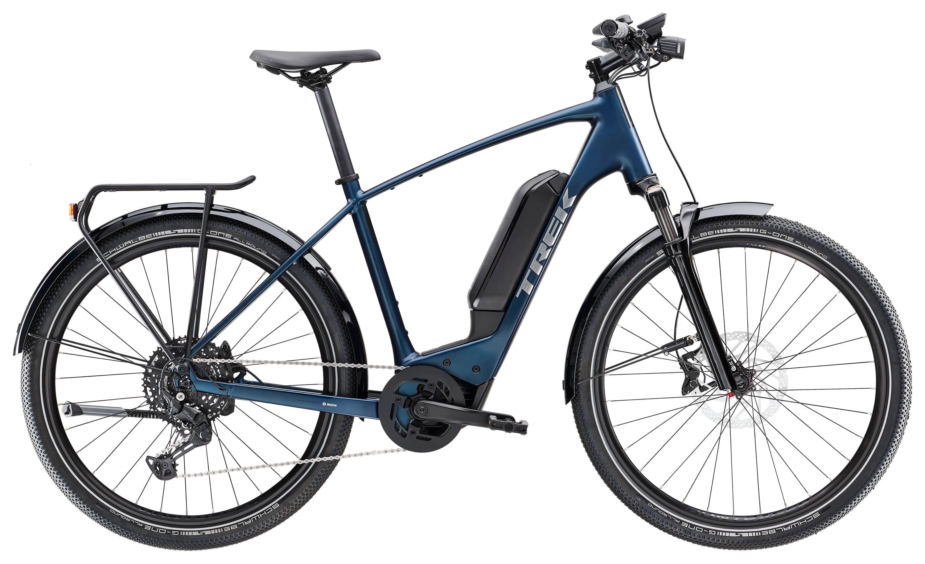 Trek Allant+ 6 electric hybrid commuter bike with pedal assist, featuring a sleek frame and ergonomic handlebars.