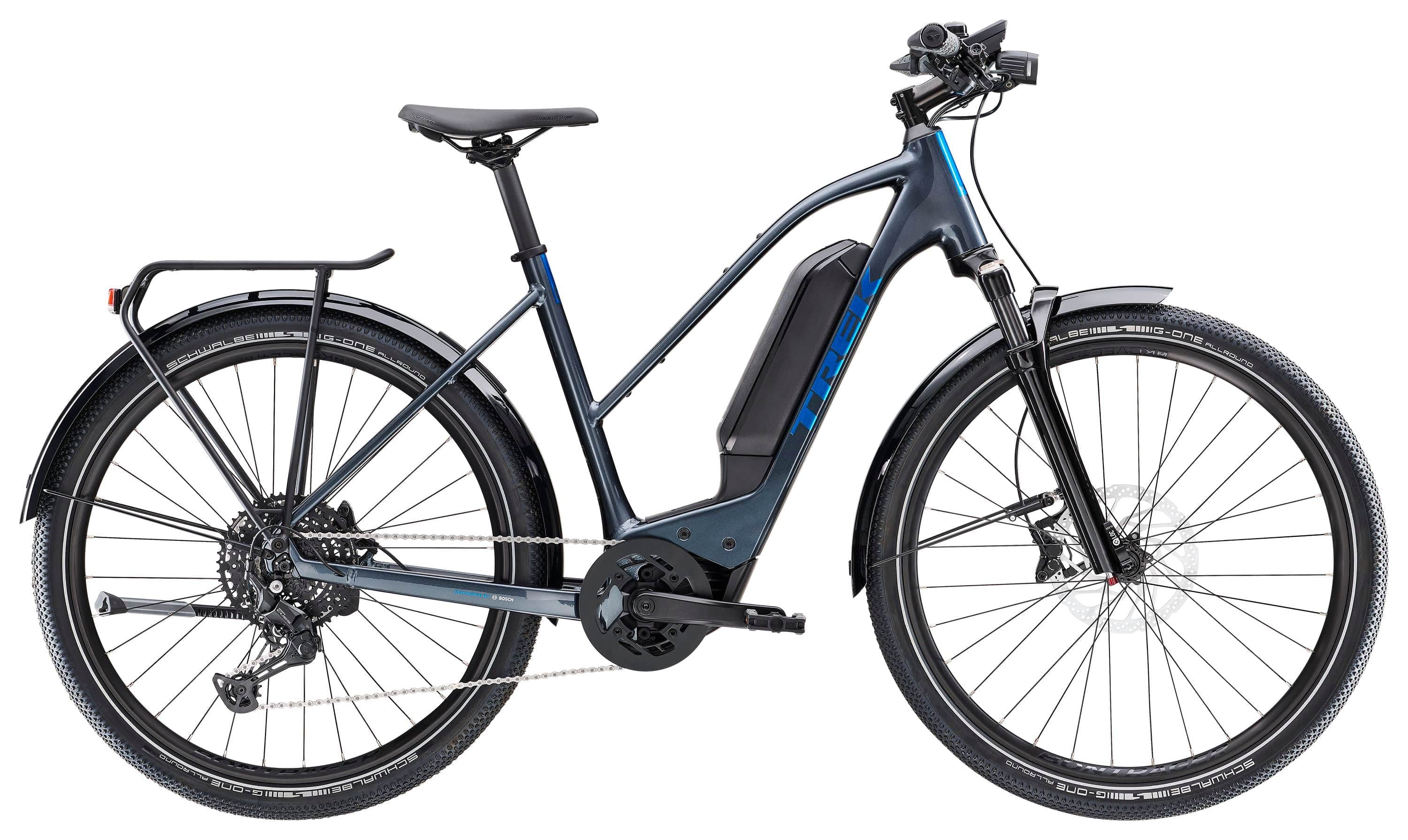 Trek Allant+ 6 Stagger 2025 women's electric hybrid bike for urban commuting, featuring a sleek frame and integrated battery.