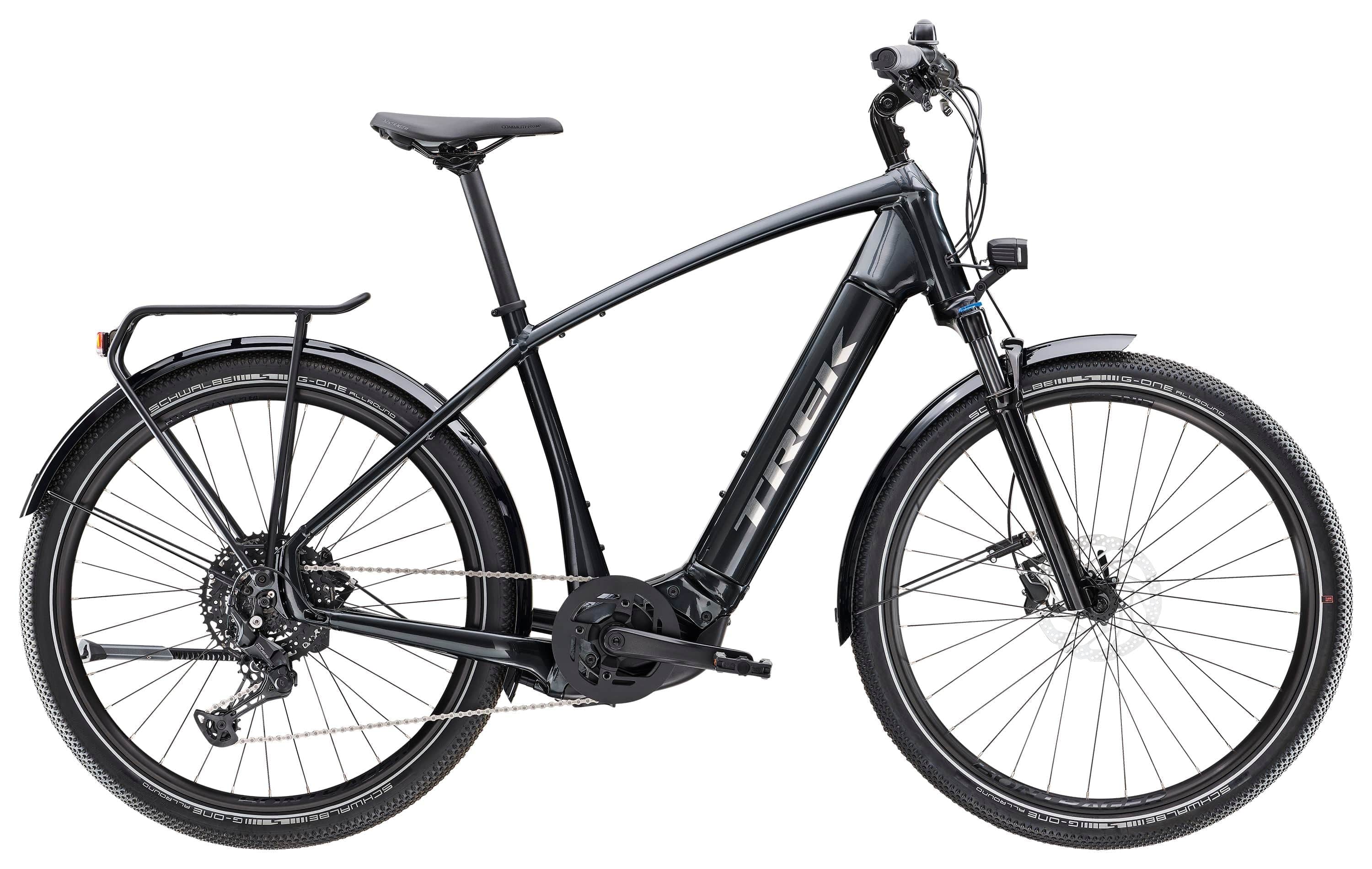 Trek Allant+ 7 electric hybrid bike for men, gray frame, designed for commuting and recreation, with a sleek modern look.
