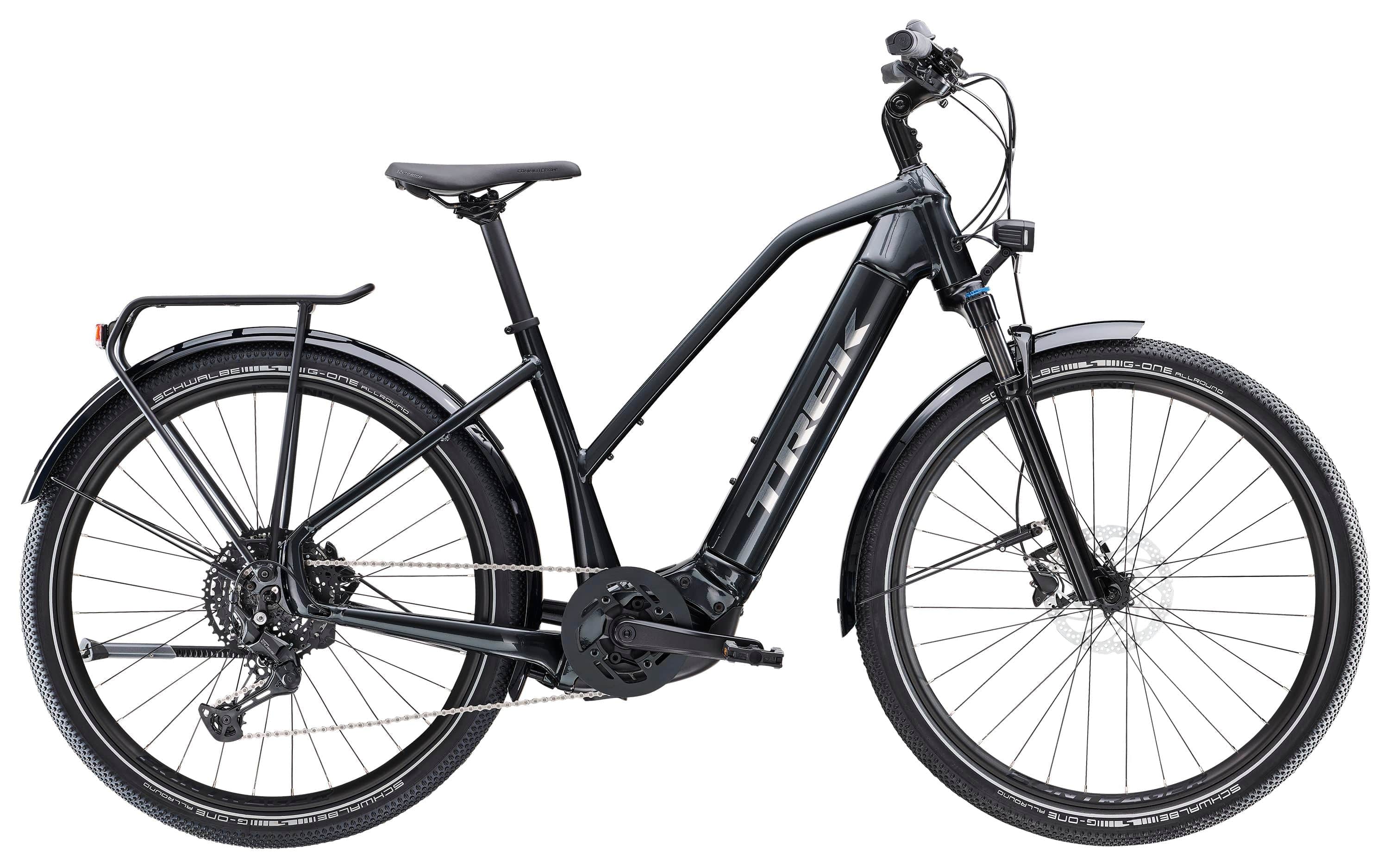 Trek Allant+ 7 Stagger 2025 electric hybrid bike for urban commuting, featuring step-through frame and sleek design.