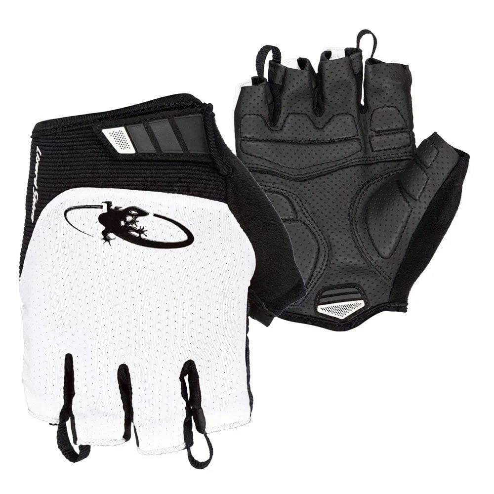 Lizard Skins Aramus Cadence cycling gloves in white with gel padding and TPR wrist strap for comfortable riding.