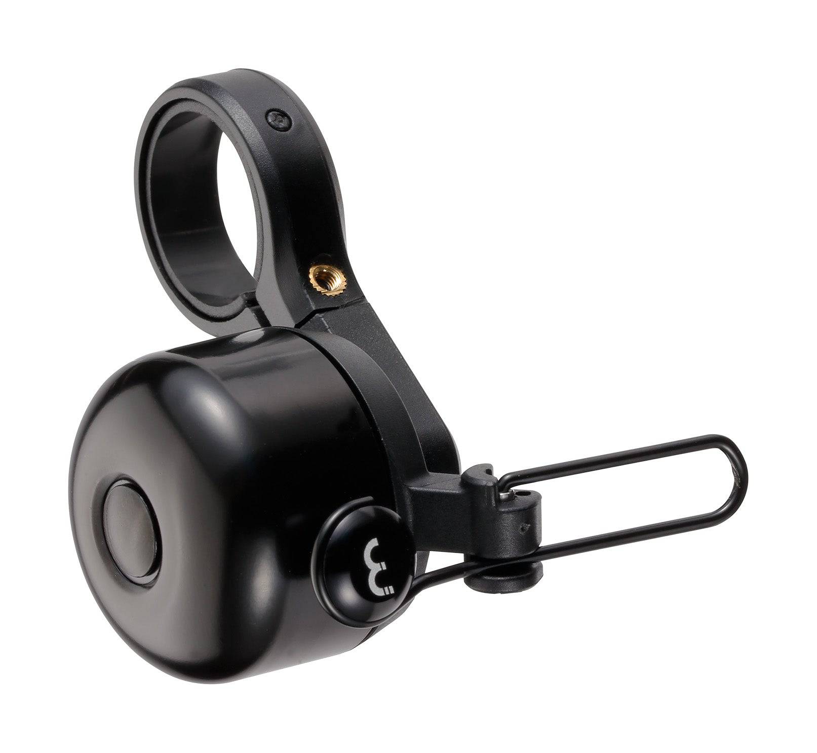 Black BBB-19 ErgoSound Bell for bike handlebars, made of alloy, fits 22.2-25.4mm, mounted on bike handlebar with a sleek design.