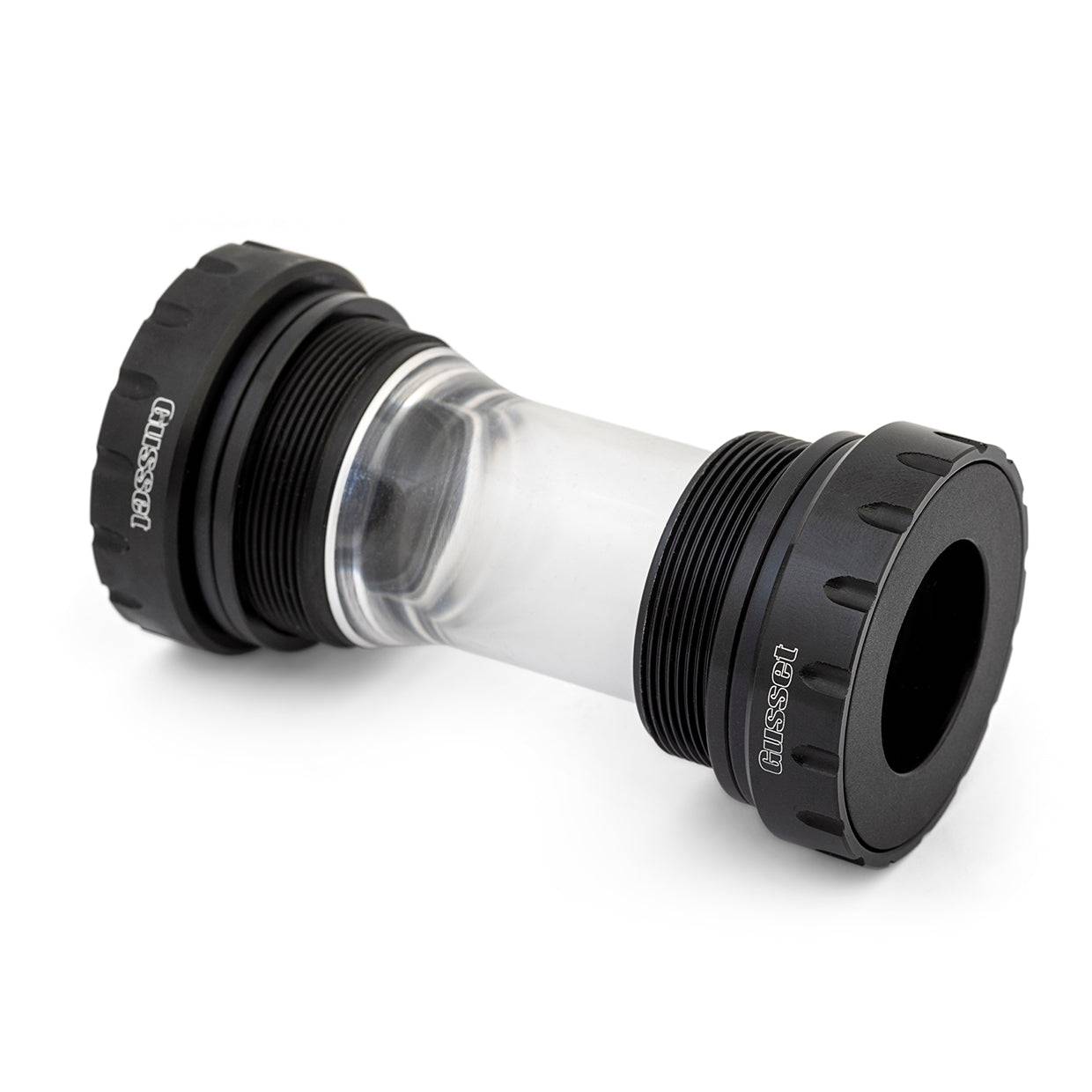 Gusset Components Ext24 external bottom bracket for smooth power transfer, shown in black with metal threading.