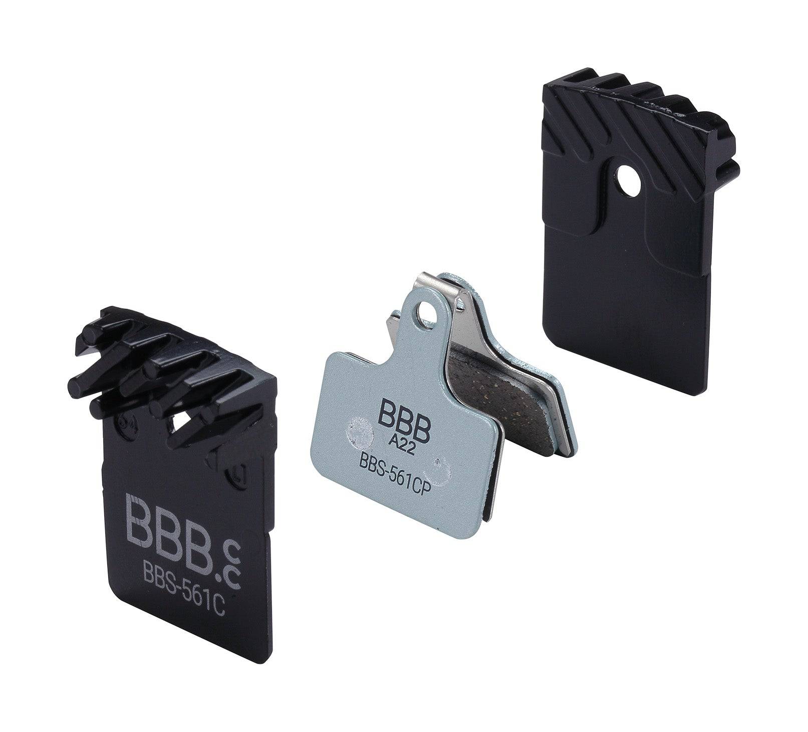 BBB BBS-561C Shimano Coolfin organic bike brake pads with cooling fins, featuring durable components for effective stopping.
