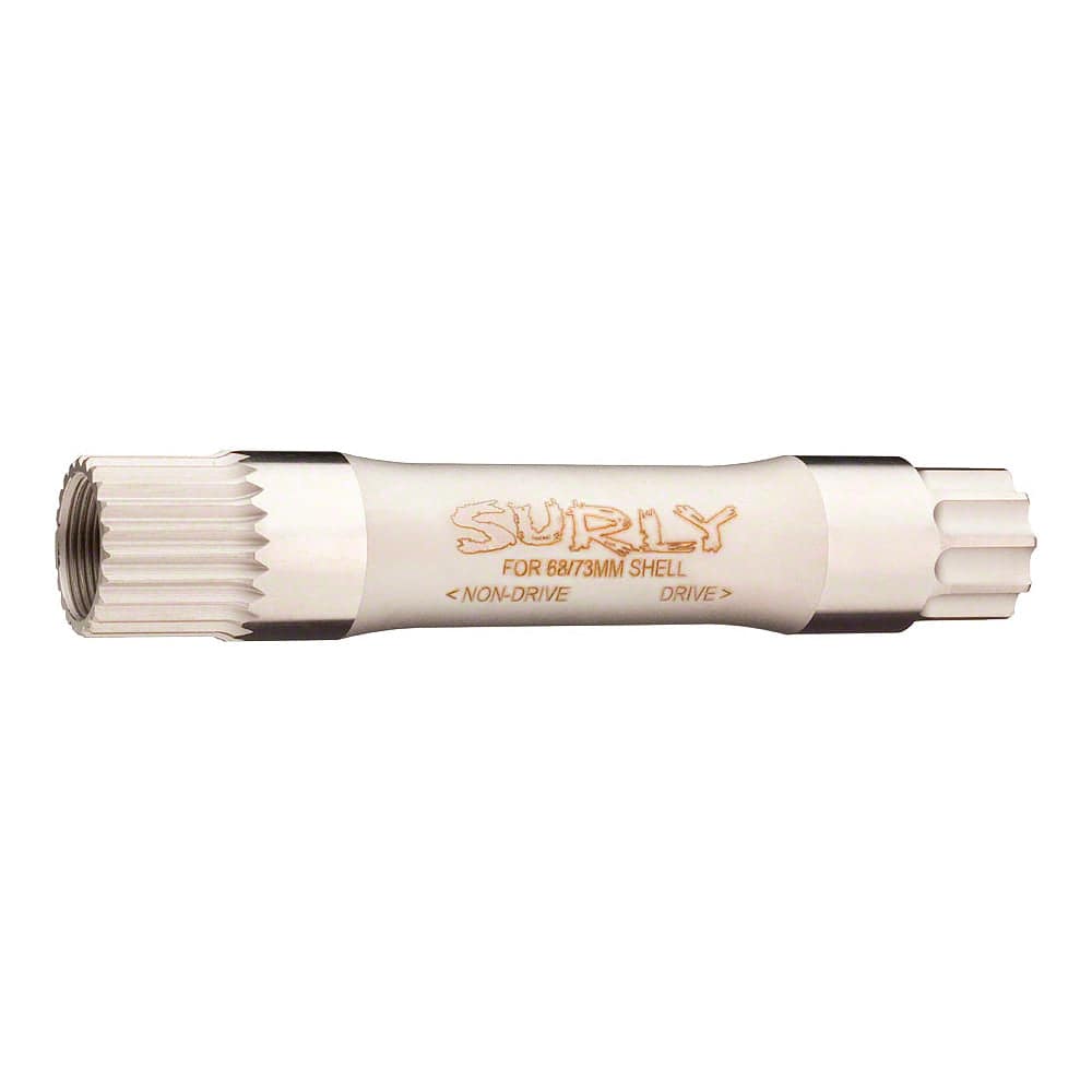 Surly Mr Whirly axle for cranks, designed for bottom bracket shells, available in multiple lengths for bike component installation.