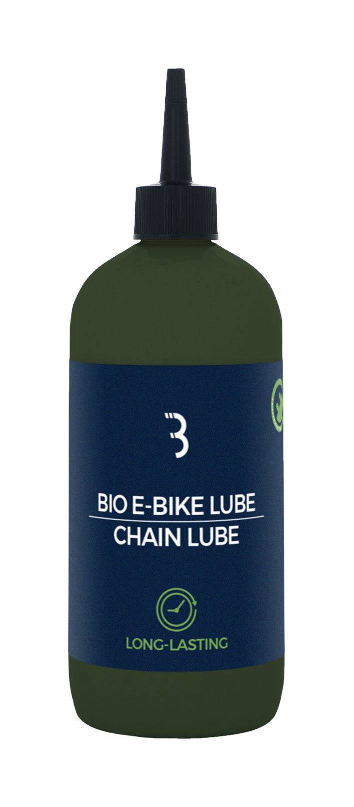 BBB BioEbikeLube 500ml biodegradable chain lubricant for e-bikes, shown in a workshop setting with the product bottle.