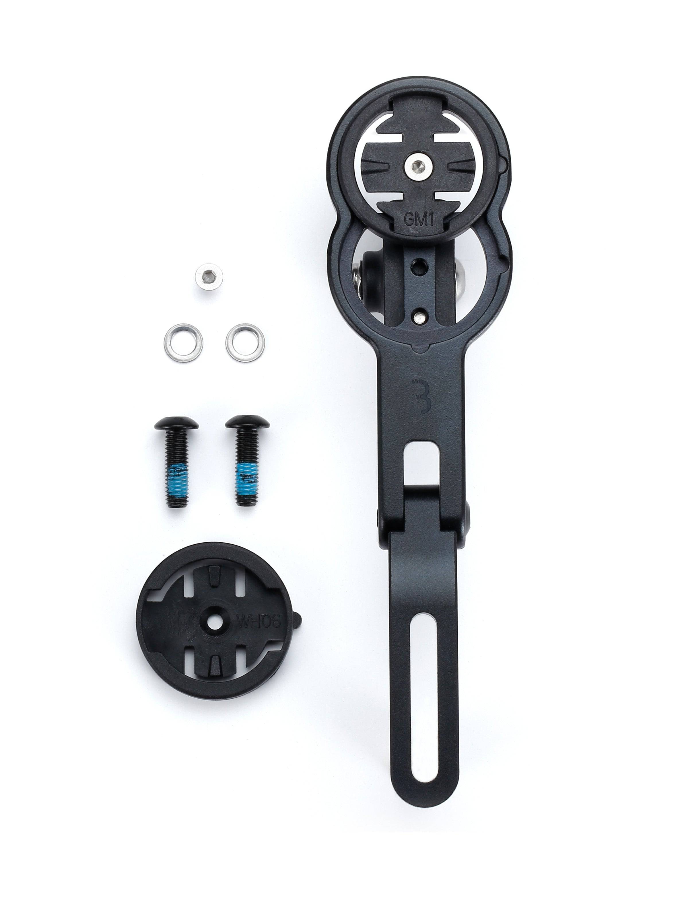 BBB BCP-97 AeroMount Duo bike computer mount with GoPro bracket for Garmin and Wahoo bike computers, shown attached to a bike handlebar.