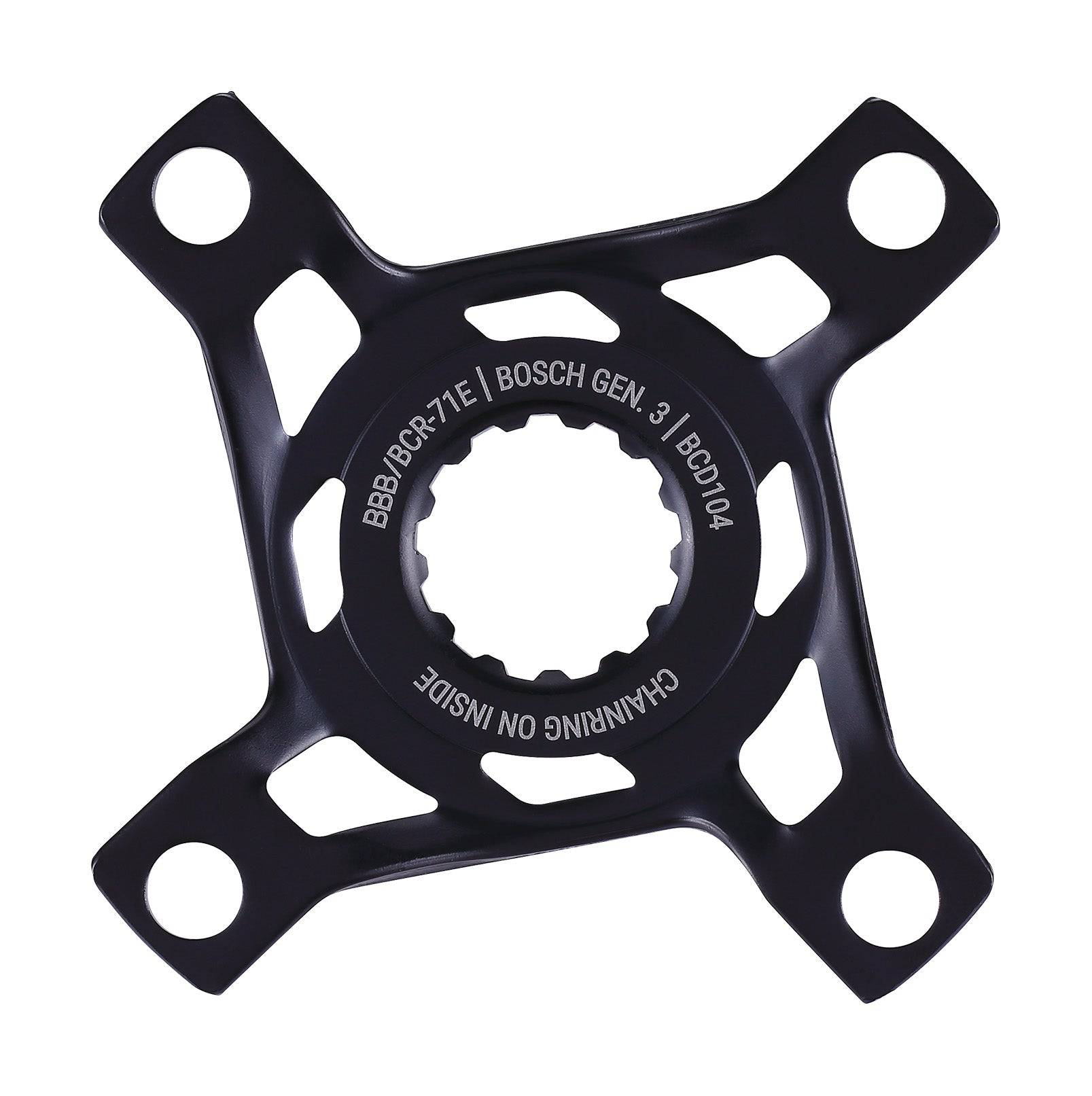 BBB BCR-71E E-bike Mount Spider for Bosch Gen3 crankset, 104mm BCD, CL52 component with black finish and detailed gear teeth.