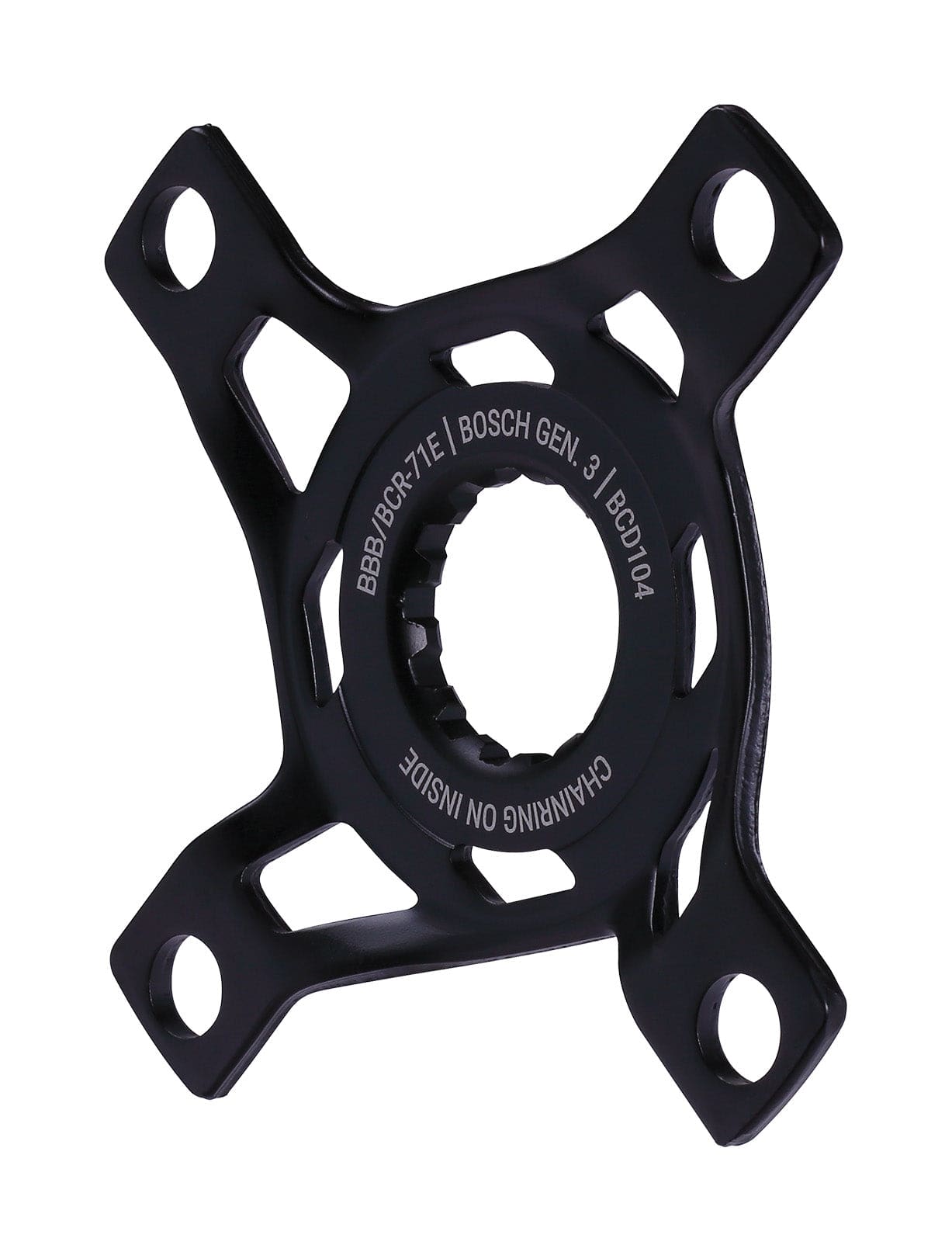 BBB BCR-71E E-bike mount spider for Bosch Gen3 crankset, featuring 104mm BCD and CL52 component design.