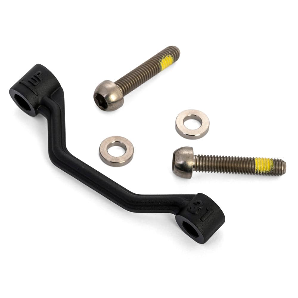 Hayes post mount adaptor for 160mm to 180mm rotors with titanium hardware, bicycle component for brake compatibility.