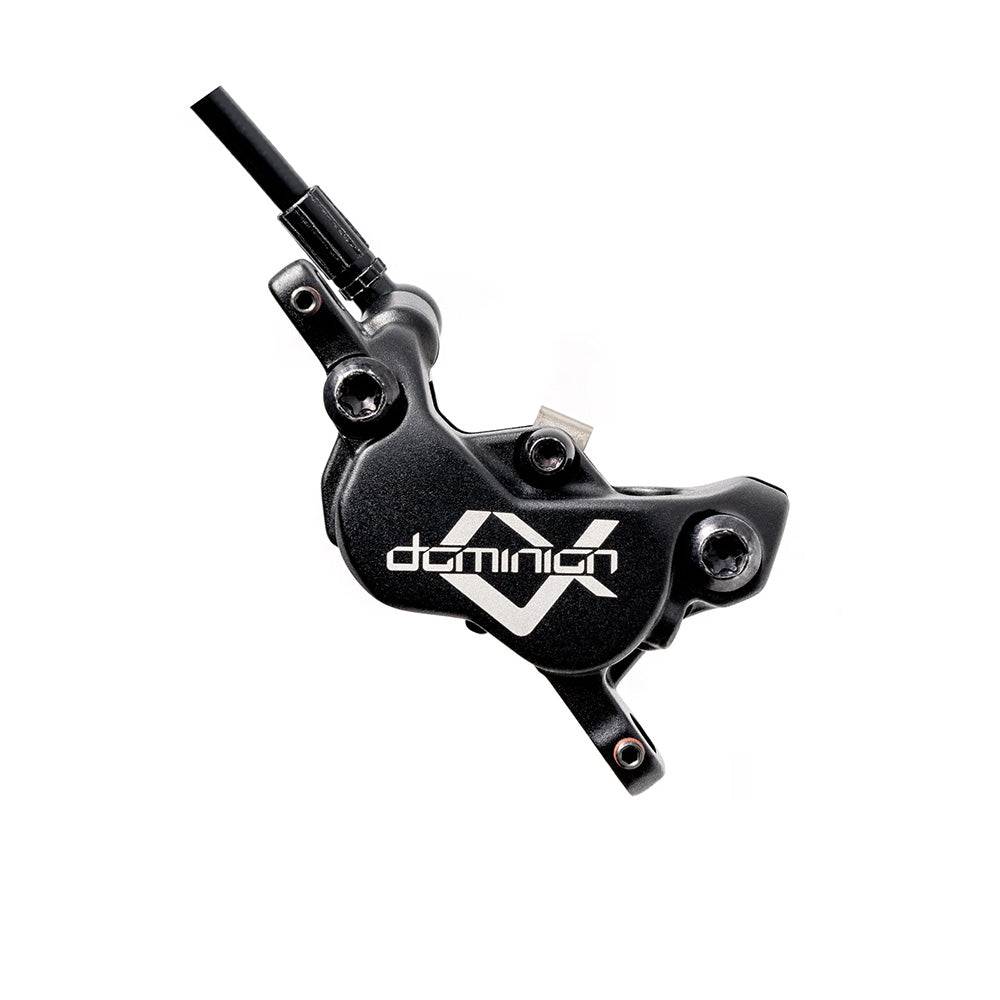 Hayes Dominion A4 4-piston disc brake caliper for powerful mountain bike braking performance, shown in black with mounting hardware.