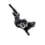 Hayes Dominion A4 4-piston disc brake caliper for powerful mountain bike braking performance, shown in black with mounting hardware.