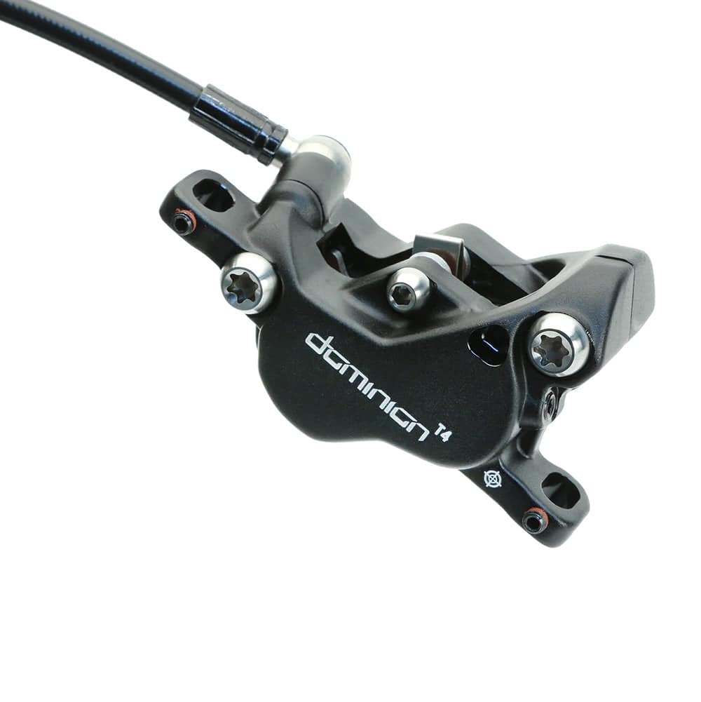 Hayes Dominion T4 disc brake caliper for bike disc brake system, showcasing a black component with mounting brackets and hydraulic fittings.