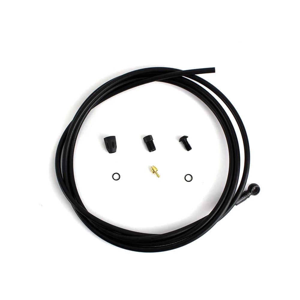 Hayes Dominion K2 hydraulic brake hose kit with Kevlar reinforcement and fittings for disc brake systems.
