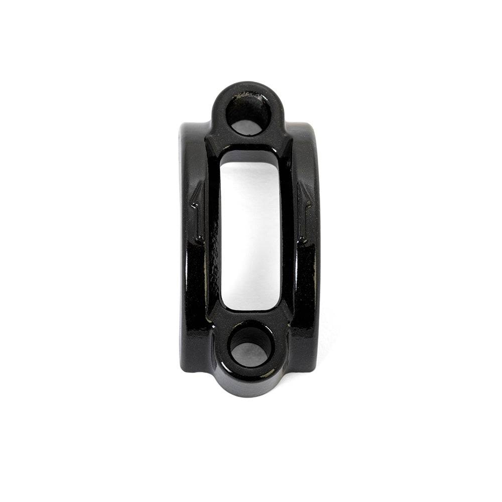 Hayes Dominion handlebar clamp for disc brake levers in gloss and stealth black, showcasing durable bicycle component design.