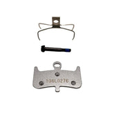 Hayes Dominion T4 semi-metallic brake pads for bicycle components, showing the brake pad set with detailed metal and rubber parts.