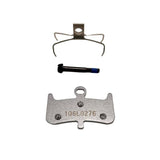 Hayes Dominion T4 semi-metallic brake pads for bicycle components, showing the brake pad set with detailed metal and rubber parts.