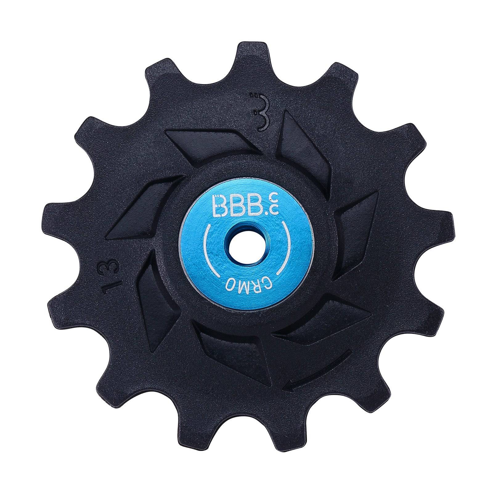 Black BBB BDP-09 RollerBoys 13T jockey wheels for Shimano 12-speed MTB groupsets, showing the durable component with gear teeth.