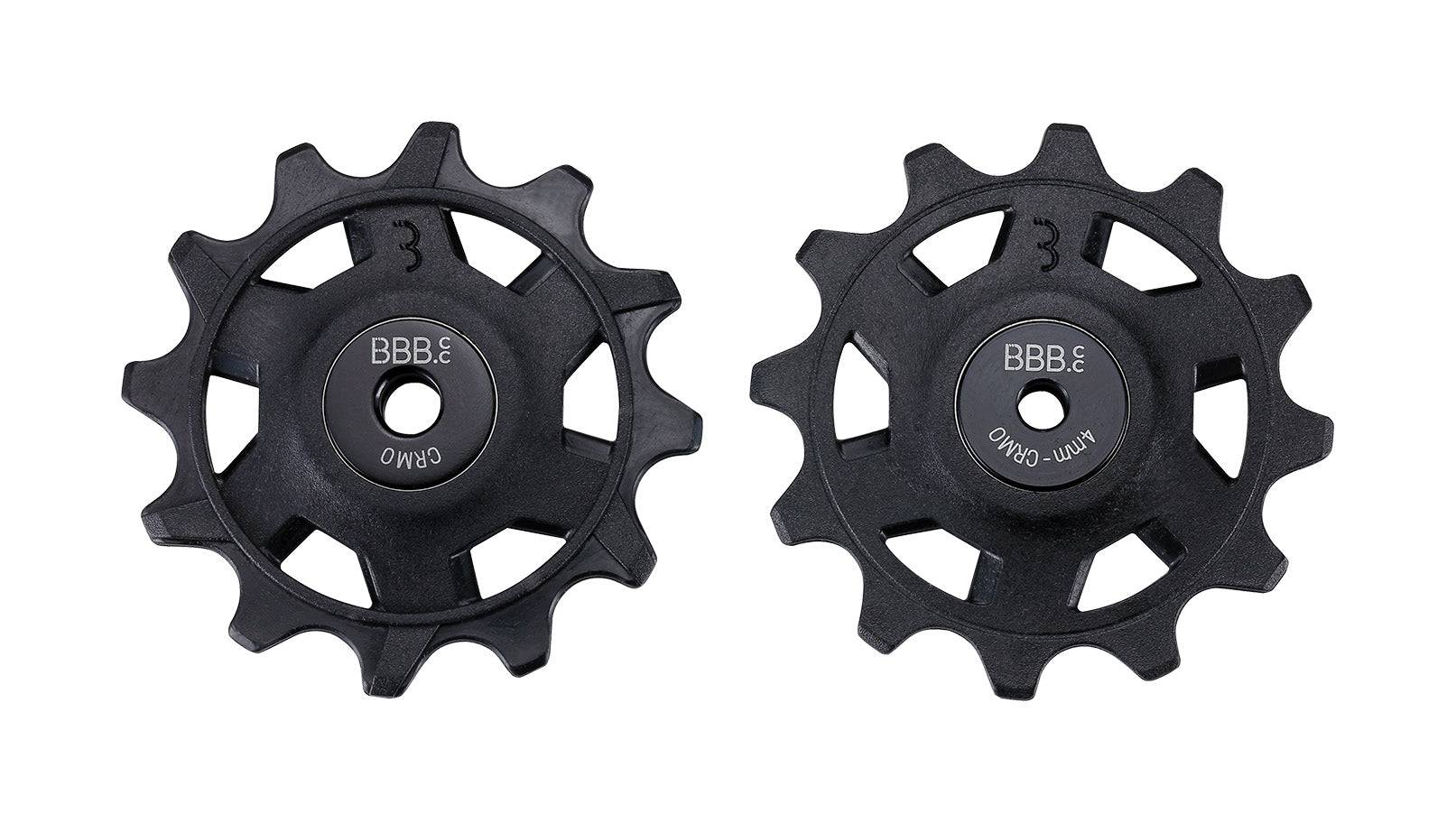BBB BDP-10 RollerBoys 12T SRAM 12-speed jockey wheels for road bike derailleur, showing the black plastic and metal construction.