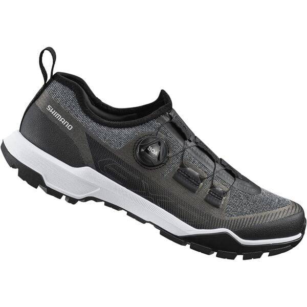 Shimano EX7 black mountain biking shoes with BOA L6 dial and ULTREAD EX outsole, designed for MTB riding.