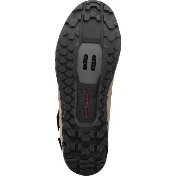 Shimano GE5 gravel shoes with SPD cleat compatibility and Enduro rubber sole, shown in black with detailed stitching.