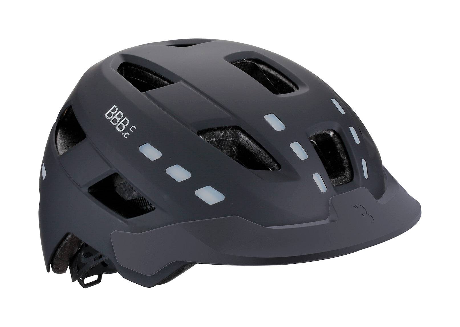 Black BBB BHE-162 District LED cycling helmet with adjustable size 54-60cm and built-in USB rechargeable lights.