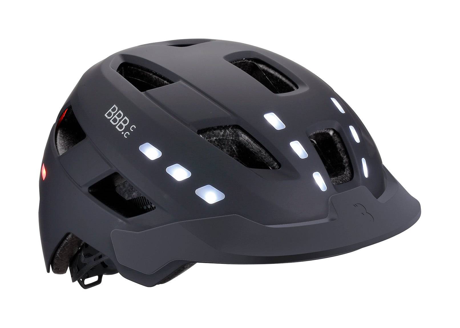 BBB BHE-162 District LED cycling helmet in black with adjustable straps and USB rechargeable front lights, suitable for head sizes 54-60cm.