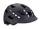BBB BHE-162 District LED cycling helmet in black with adjustable straps and USB rechargeable front lights, suitable for head sizes 54-60cm.