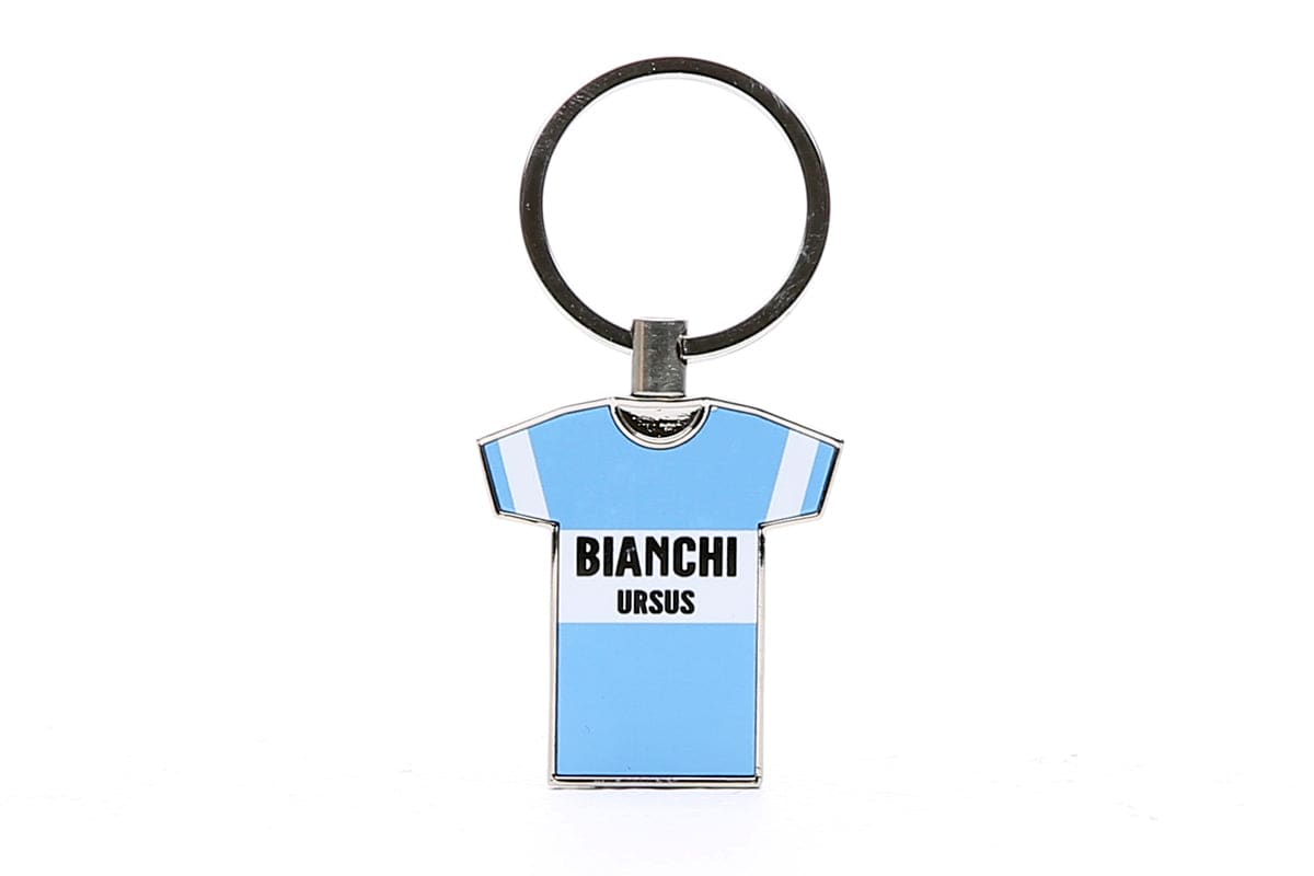 Global Cycling Club Bianchi aluminium keyring with glossy white finish, featuring Bianchi logo, cycling accessory.
