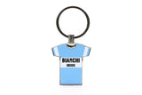 Global Cycling Club Bianchi aluminium keyring with glossy white finish, featuring Bianchi logo, cycling accessory.