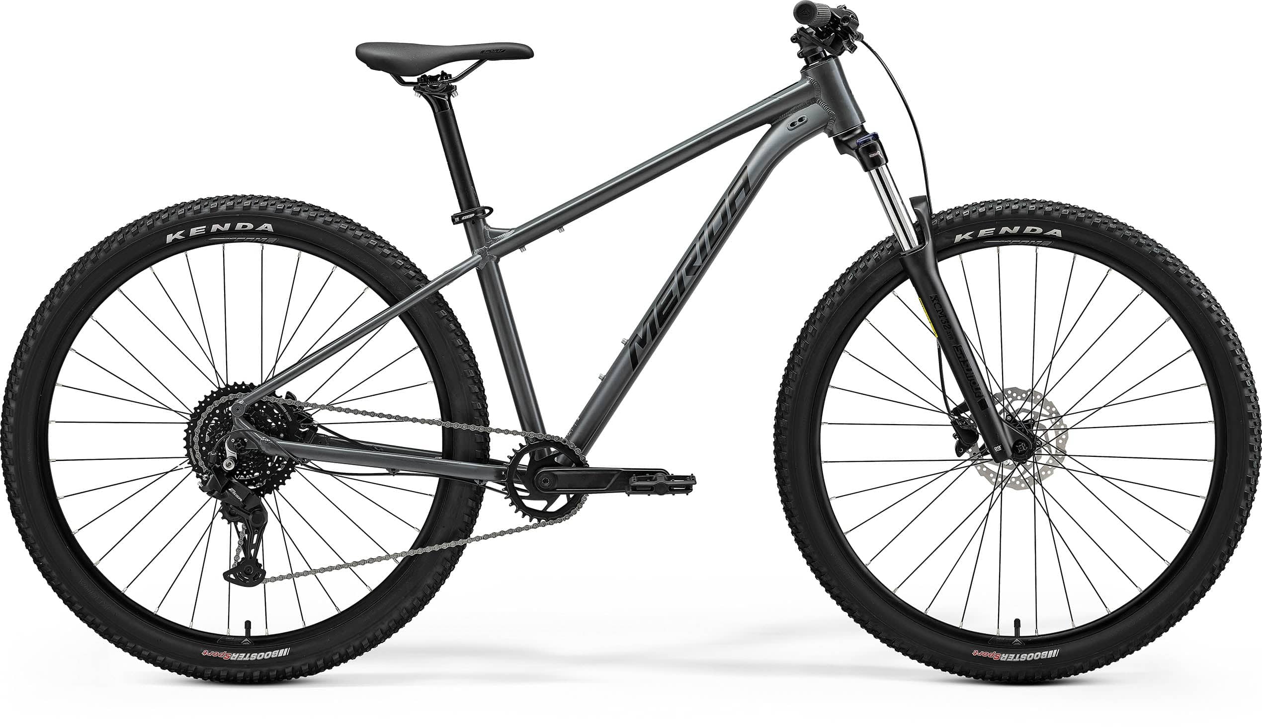 Merida Big Nine 20 mountain bike with aluminium frame and disc brakes, gray and black color, ready for off-road riding.