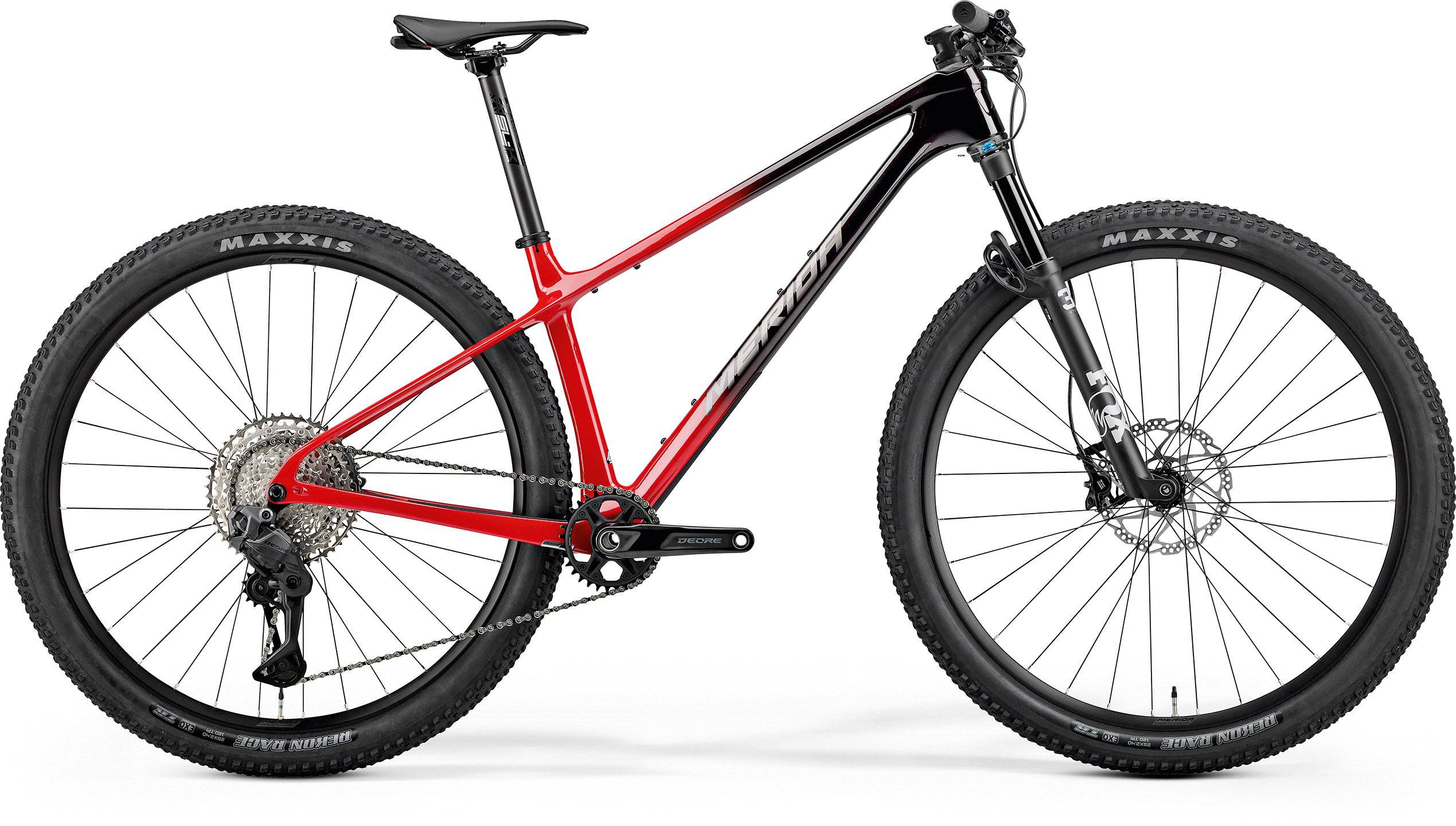 Merida Big Nine 7000 mountain bike with black and red frame, 29-inch wheels, Shimano Deore DI2 wireless electronic shifting.