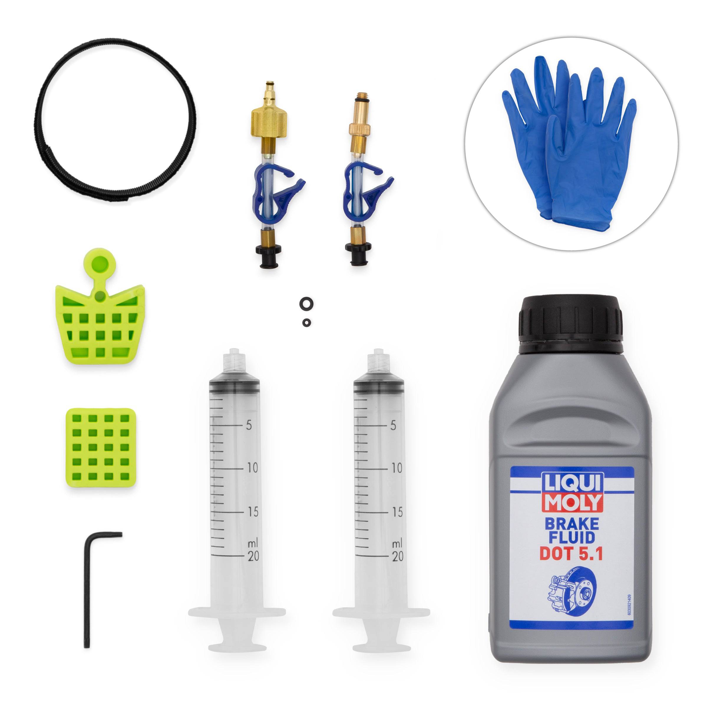 Bleedkit SRAM Premium Edge DOT 5.1 hydraulic brake bleeding kit with hoses and tools for bike maintenance.