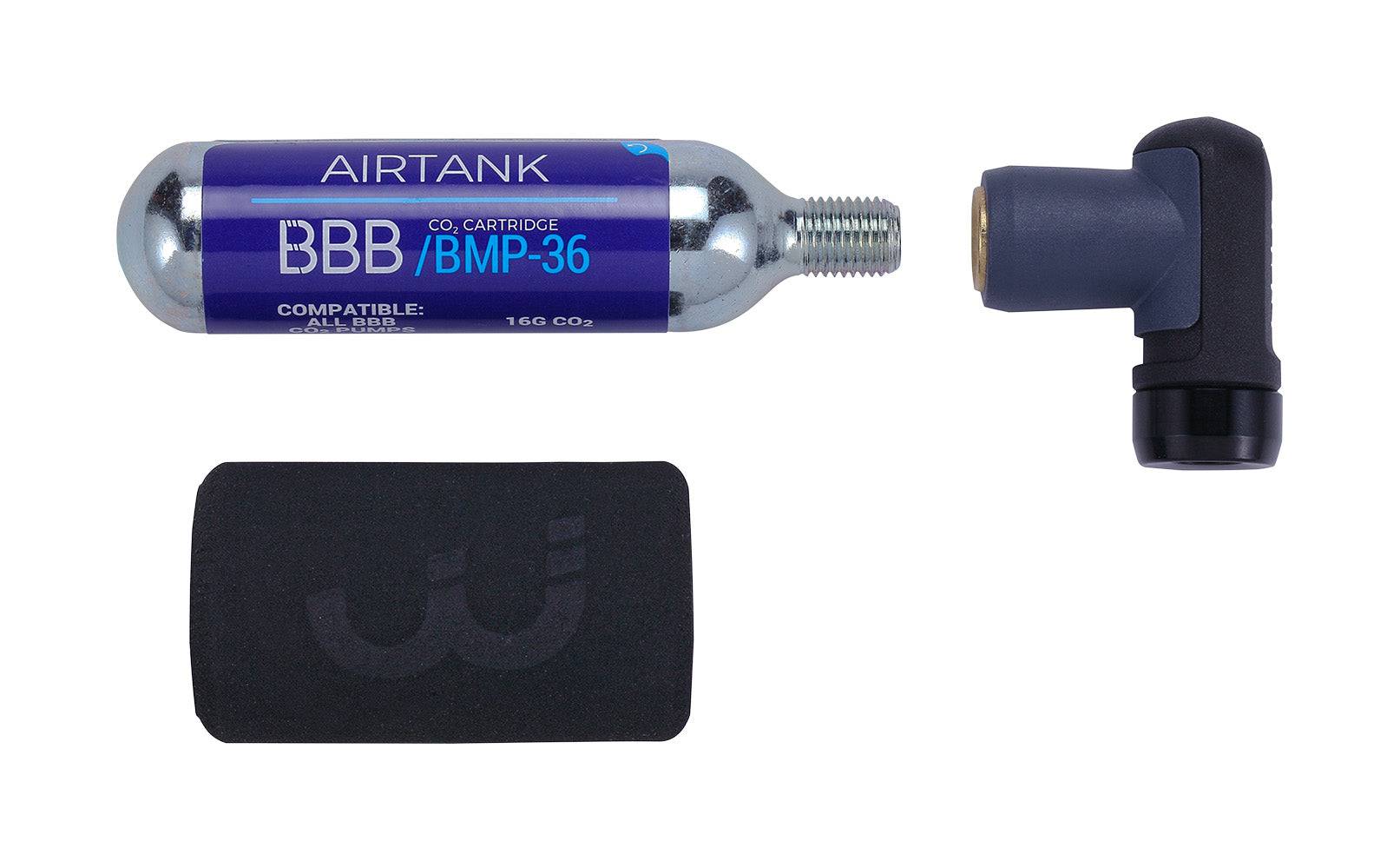 BBB BMP-111 AirPush CO2 mini pump for bike tires with Presta and Schrader valves, compact cycling accessories.