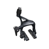 SRAM Force D1 road bike brake caliper with SwissStop pads, 28c tire clearance, mounted on a bike wheel.