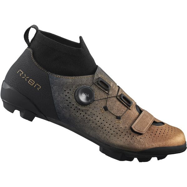 Shimano RX8R gravel cycling shoes with BOA Li2 dial fit system, black with sleek design and durable construction for off-road riding.