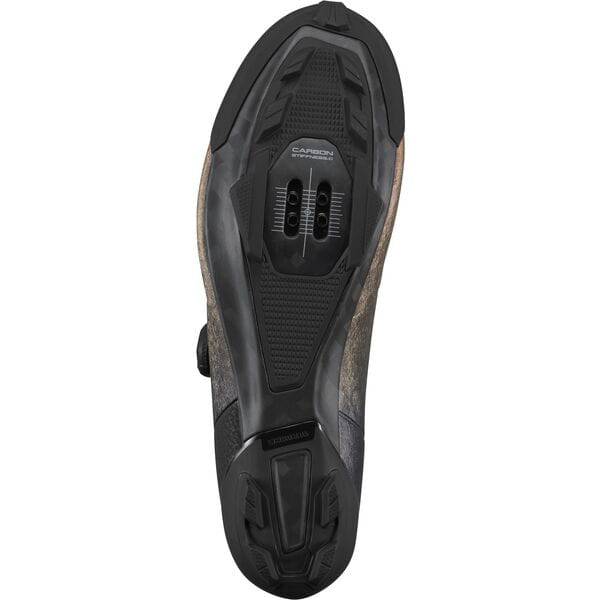 Shimano RX8R gravel cycling shoes with BOA Li2 dial fit system, black and gray, lightweight breathable design, close-up of shoe details.