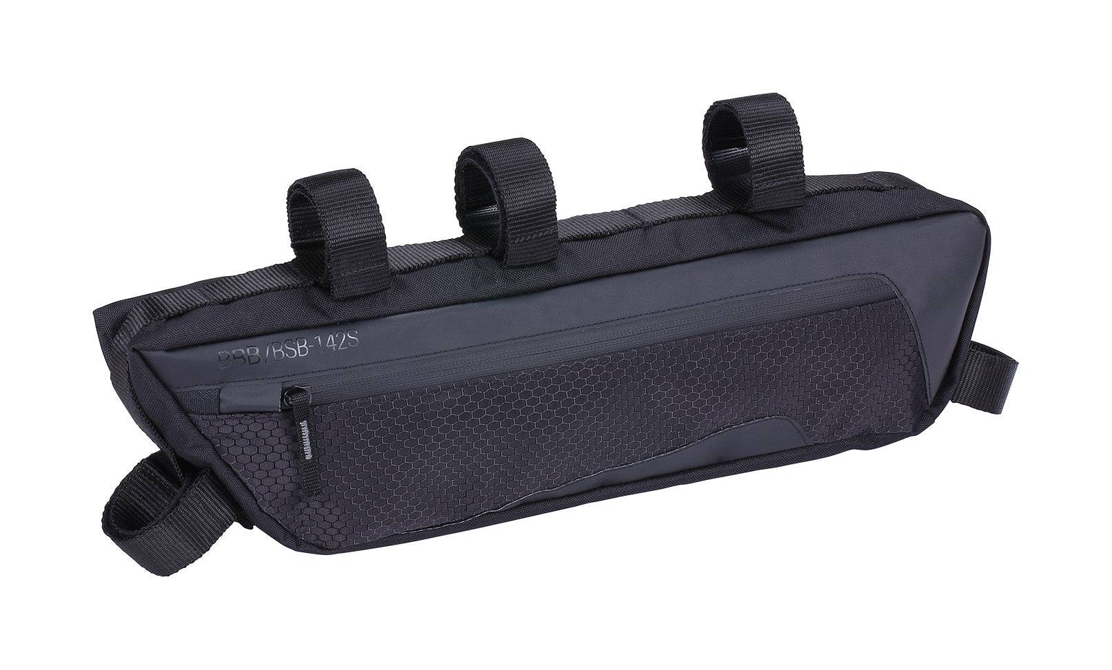 Black BBB BSB-142 Middle Mate Frame Bag for bikes, water-resistant small accessory mounted on a bike frame.