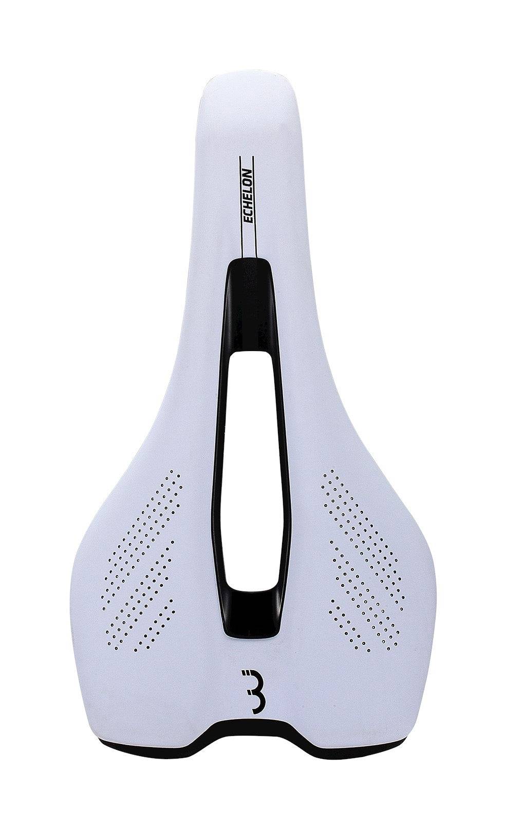 White BBB BSD-141 Echelon unisex bike saddle with pressure relief hole, 145mm wide, designed for comfort and performance.