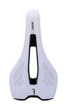 White BBB BSD-141 Echelon unisex bike saddle with pressure relief hole, 145mm wide, designed for comfort and performance.