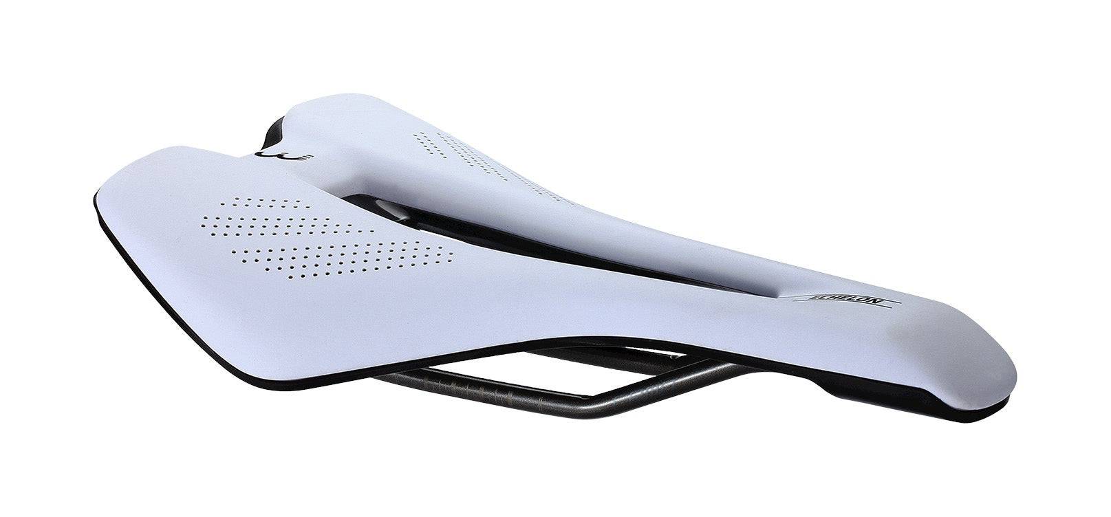 BBB BSD-141 Echelon unisex bike saddle in white with 145mm width and pressure relief hole for comfort during rides.