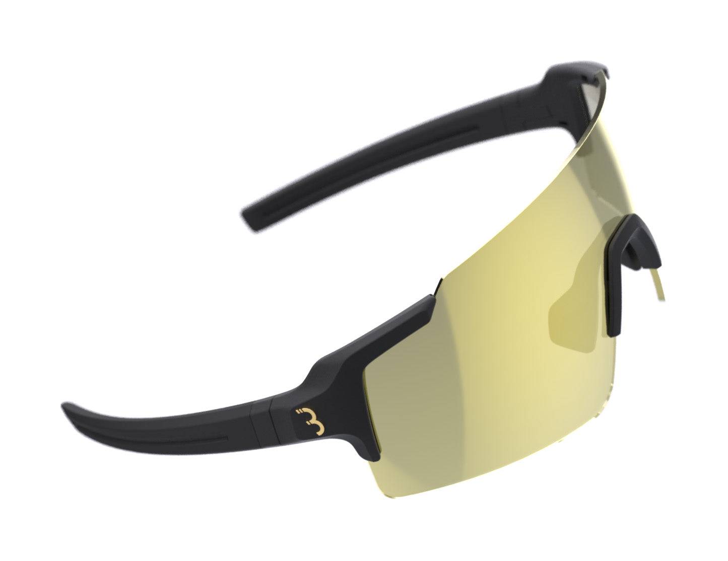 BBB BSG-70PH FullView sport glasses with photochromic gold MLC PH lenses and black frame, designed for active wear.