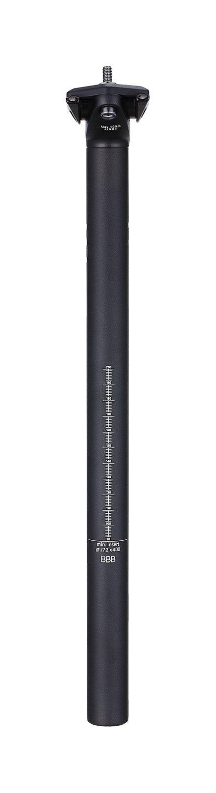 Black BBB BSP-15 TopPost seat post with 30.9mm diameter and dual bolt adjustable clamp, 400mm length, showing the seat post and clamp.