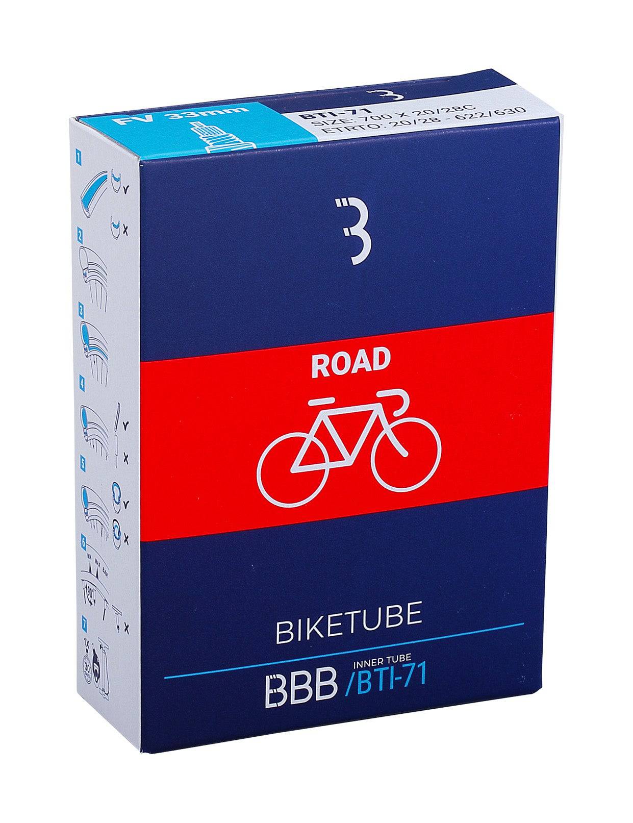 BBB 700C Presta valve road bike inner tube with multiple valve lengths, designed for bike component replacement on road bikes.