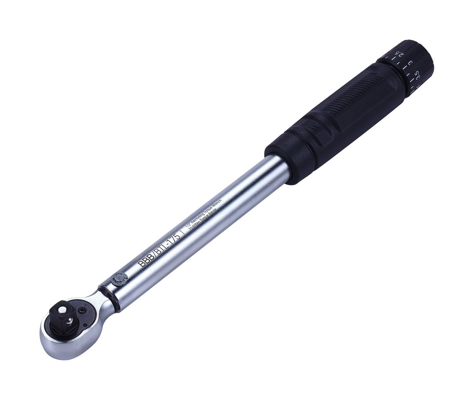 BBB BTL-175 HiTorque 10-60Nm 1/2" ratcheting torque wrench with case, showing the tool and its storage case.